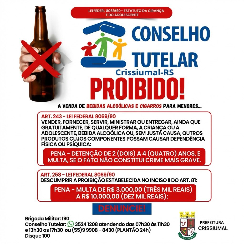 Prefeitura de Crissiumal reforça: VENDA DE BEBIDAS ALCOÓLICAS E CIGARROS PARA MENORES É PROIBIDA POR LEI