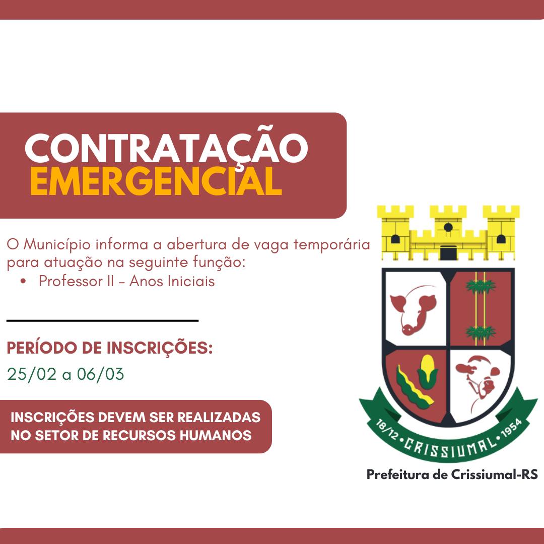 A Prefeitura de Crissiumal informa que estão abertas as inscrições para cadastro reserva