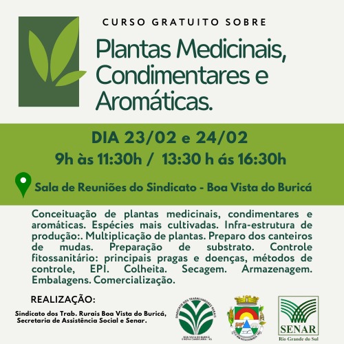 Boa Vista do Buricá recebe curso gratuito sobre plantas medicinais, condimentares e aromáticas