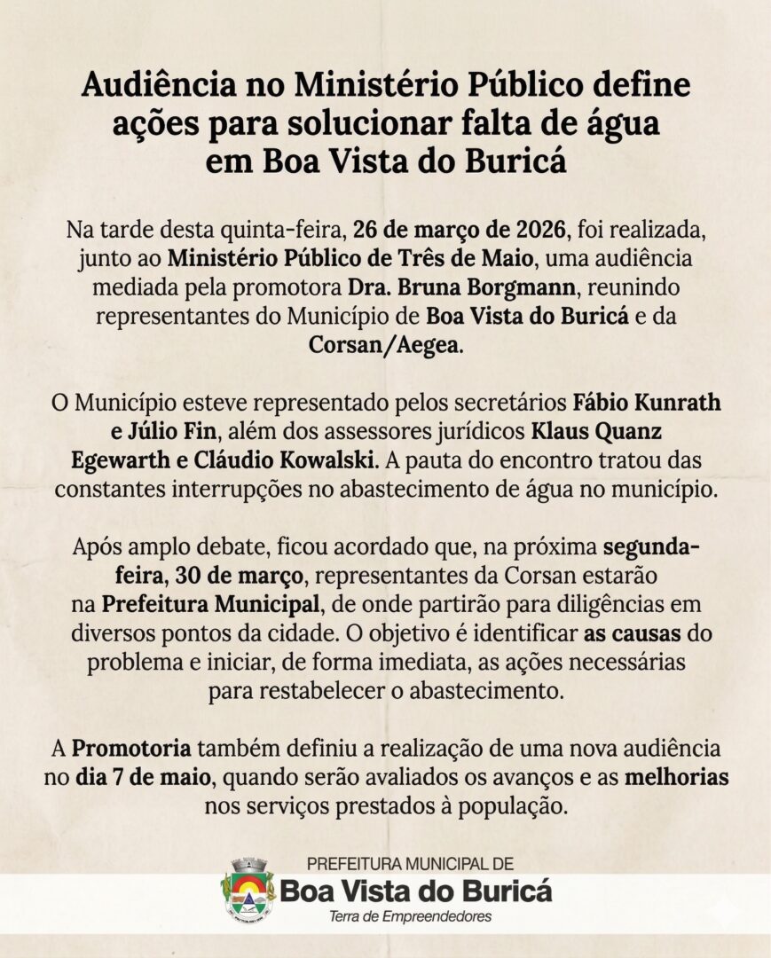 Audiência no Ministério Público define medidas para solucionar falta de água em Boa Vista do Buricá