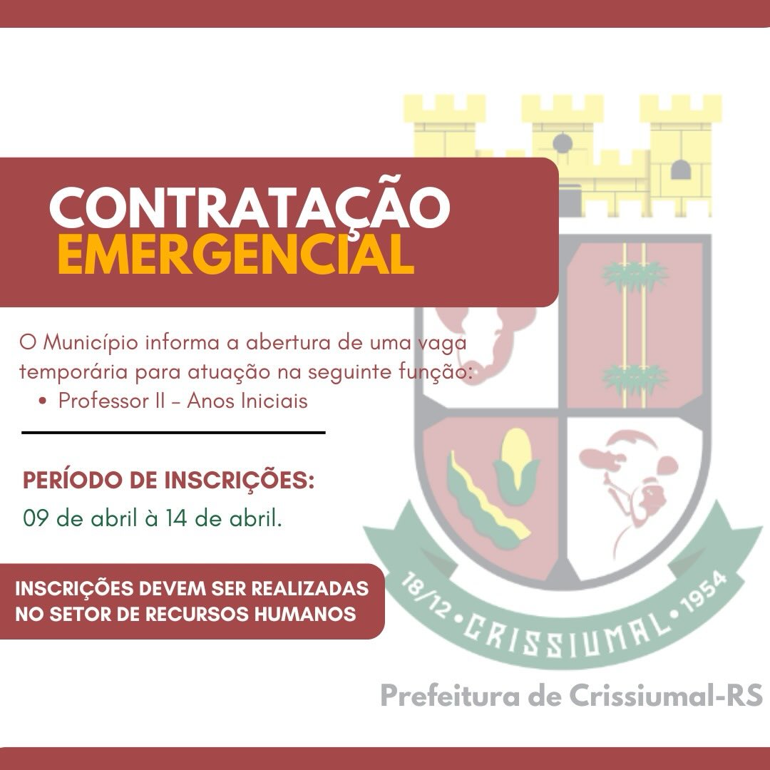 A Prefeitura de Crissiumal informa que estão abertas as inscrições para cadastro reserva