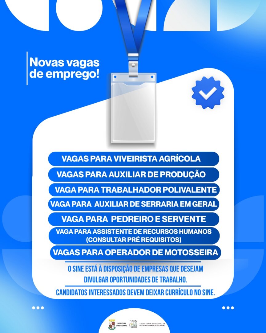 💼 Novas vagas de emprego no SINE de Crissiumal