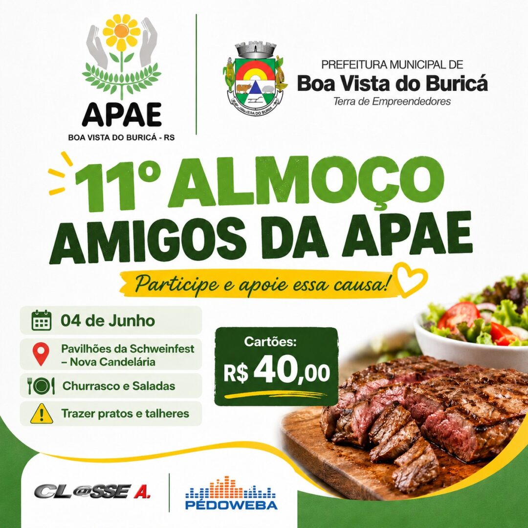🍽️🤝 APAE de Boa Vista do Buricá promove 11º Almoço Amigos da APAE