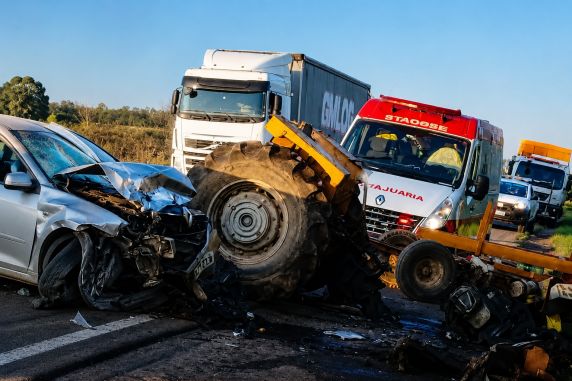 GRAVE ACIDENTE envolvendo dois carros e um trator deixa trânsito lento na RSC-287, em Santa Cruz do Sul