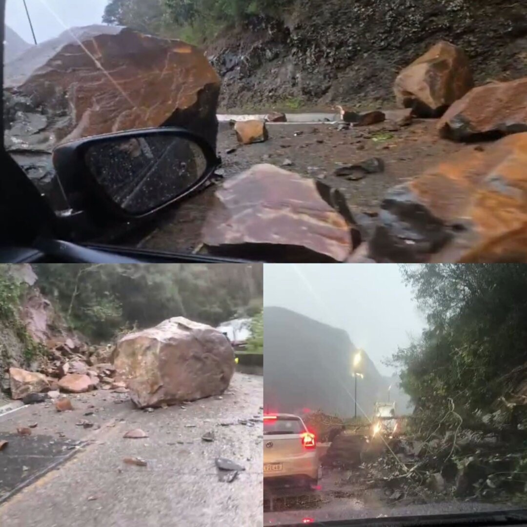 Desmoronamento de rochas bloqueia totalmente a Serra do Rio do Rastro em Santa Catarina