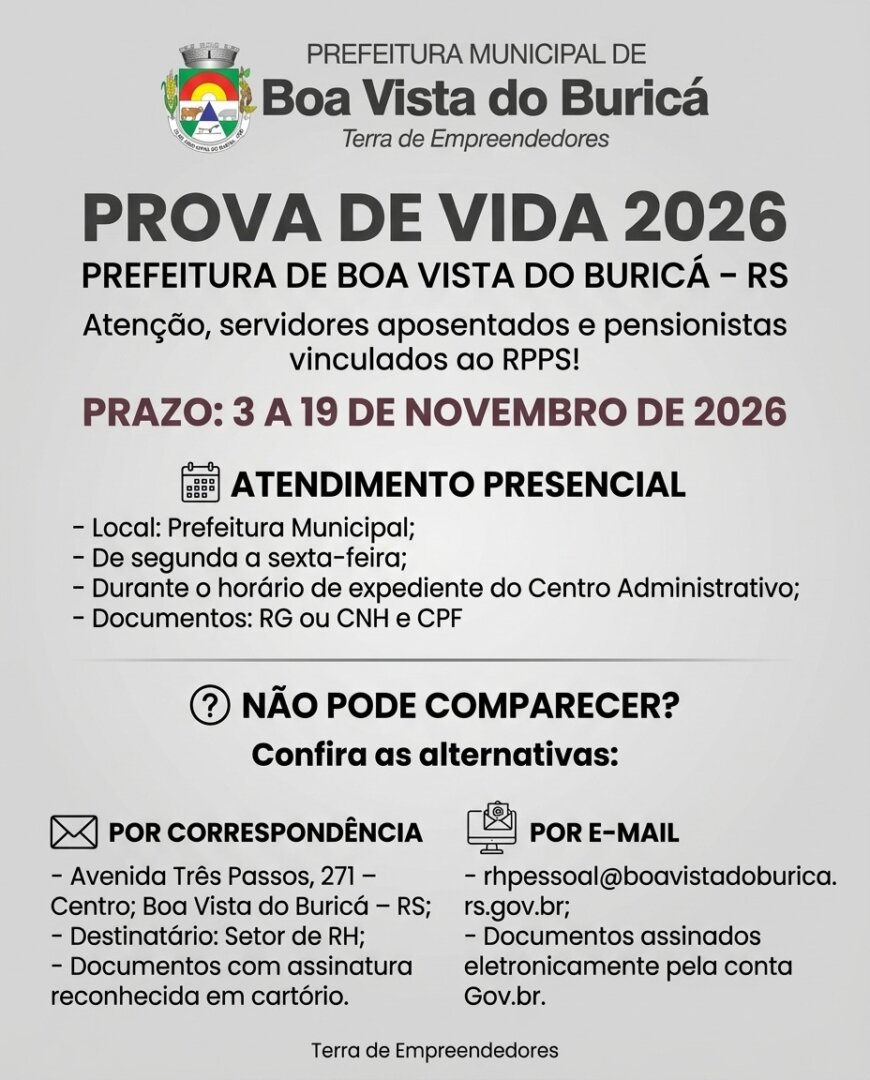 Prefeitura de Boa Vista do Buricá convoca aposentados e pensionistas para Prova de Vida 2026
